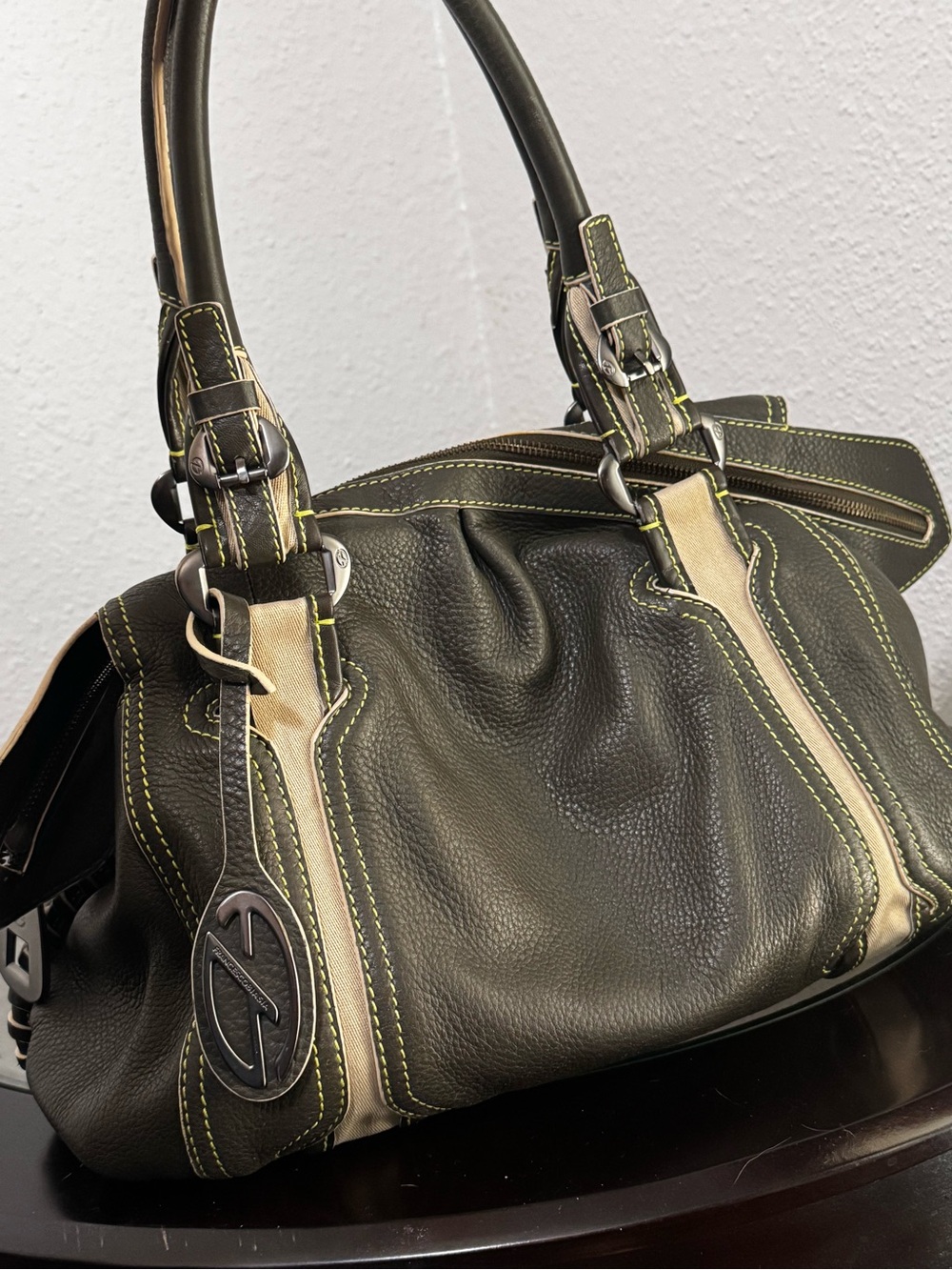 Francesco Biasia Dark Green and Cream Leather Shoulder Bag